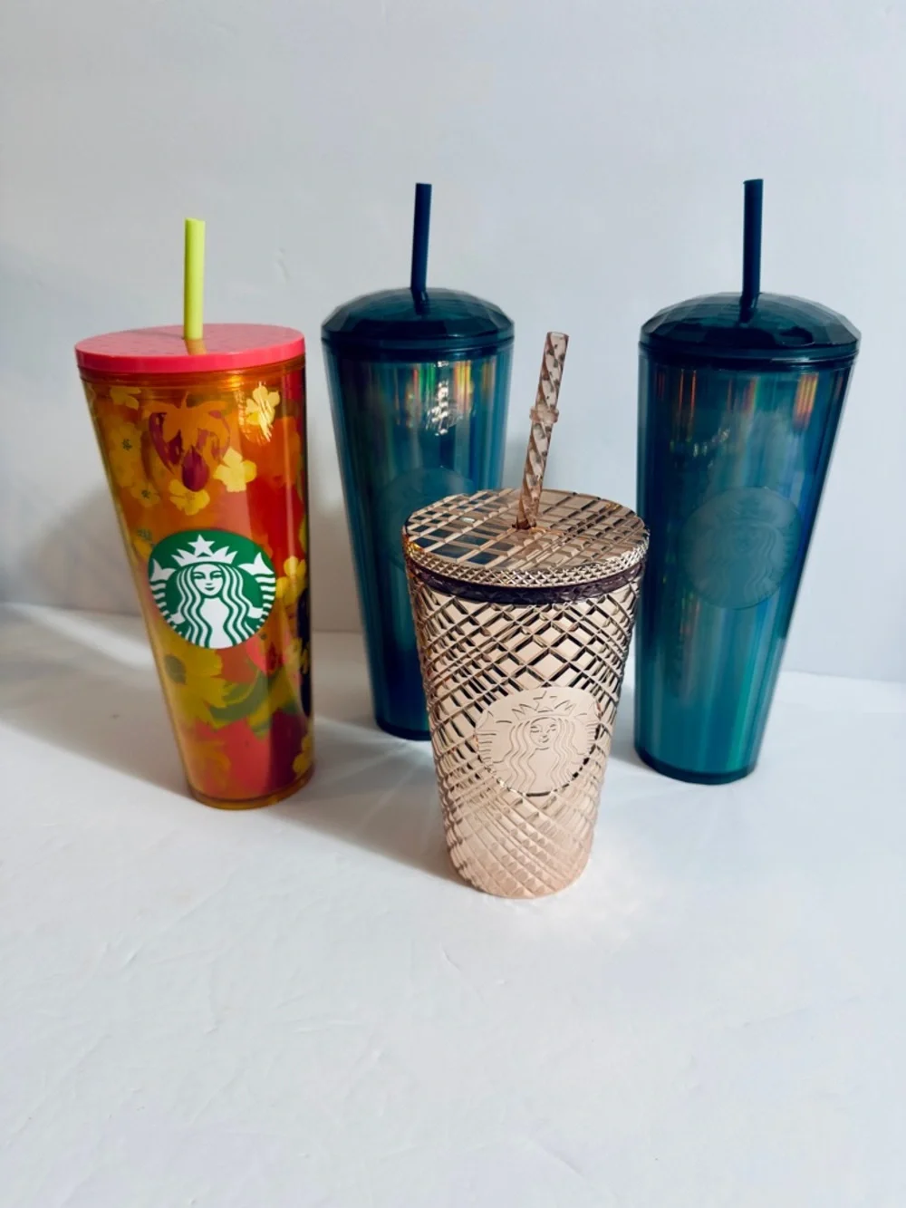 (4) Starbucks Teal, Rose Gold & Multicolor Floral Tumbler set (3) 24oz (1) 16oz
